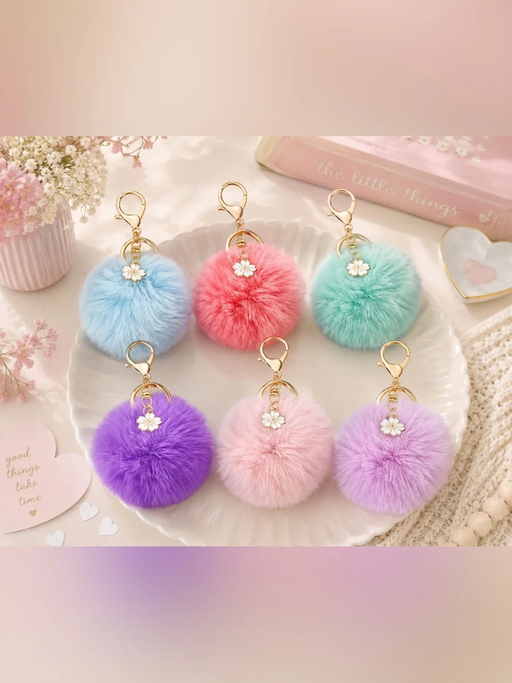 🌸 Set of 6 Plush Pom-Pom Keychain Charms 🌸